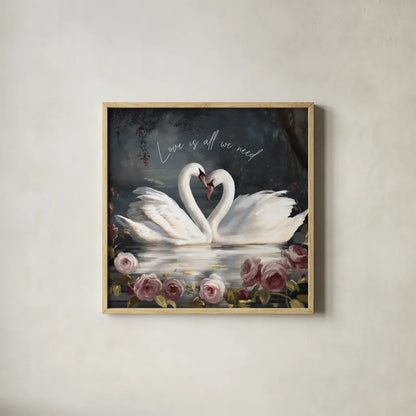 Swan Lake Love is All we Need by Danhui Nai. Shown in a natural wood glass frame for a timeless modern aesthetic. Available as an archival giclee rolled canvas, fine art paper, or poster print. SKU 97399a.