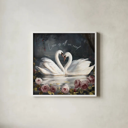 Swan Lake Love is All we Need by Danhui Nai. Shown in a crisp white glass frame for a clean and minimalist style. Available as an archival giclee rolled canvas, fine art paper, or poster print. SKU 97399a.