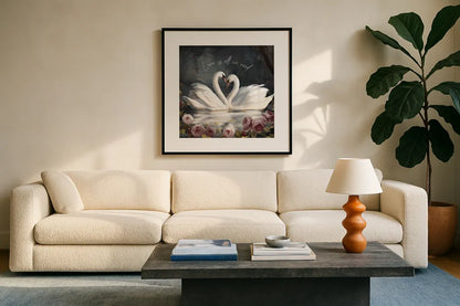 Swan Lake Love is All we Need by Danhui Nai. Displayed in a glass frame with matte in a clean modern living room. Available as an archival giclee rolled canvas, fine art paper, or poster print. SKU 97399a.