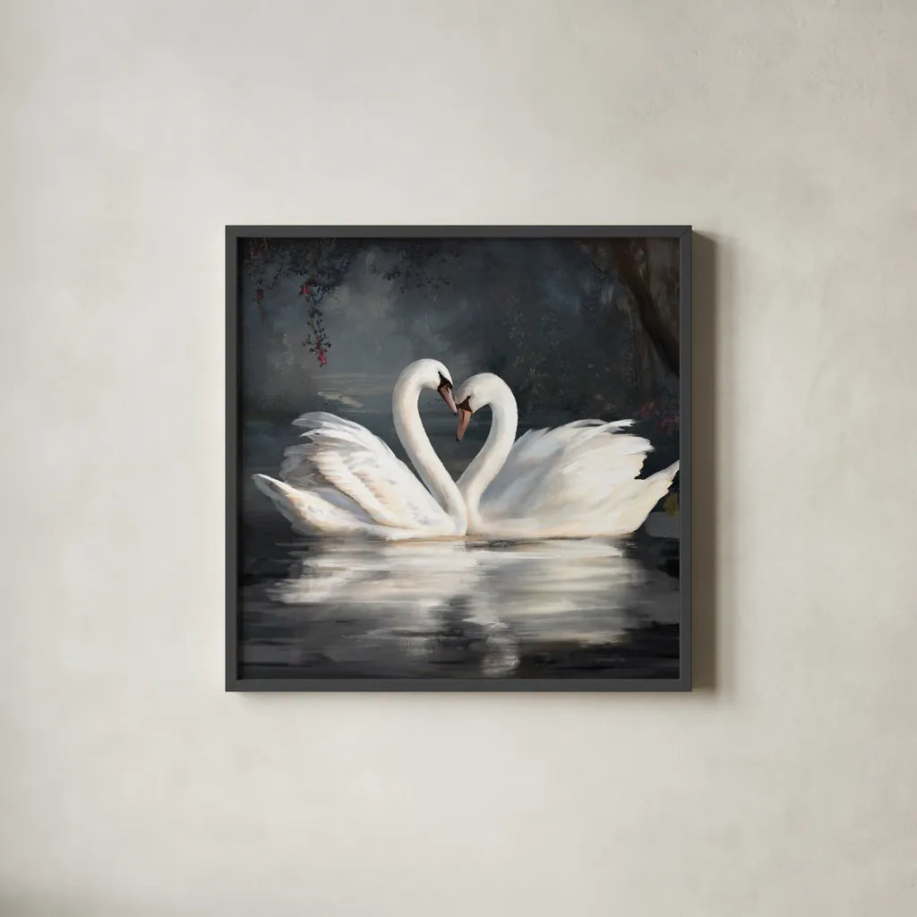 Swan Lake No Flowers by Danhui Nai. Shown in a sleek black glass frame for a contemporary gallery look. Available as an archival giclee rolled canvas, fine art paper, or poster print. SKU 97125a.