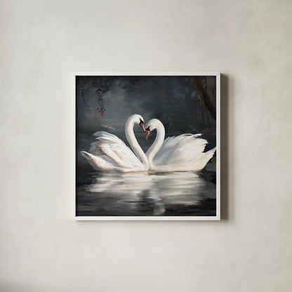 Swan Lake No Flowers by Danhui Nai. Shown in a crisp white glass frame for a clean and minimalist style. Available as an archival giclee rolled canvas, fine art paper, or poster print. SKU 97125a.