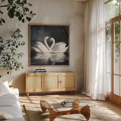 Swan Lake No Flowers by Danhui Nai. Shown in a natural wood frame in a cozy modern living room. Available as an archival giclee rolled canvas, fine art paper, or poster print. SKU 97125a.