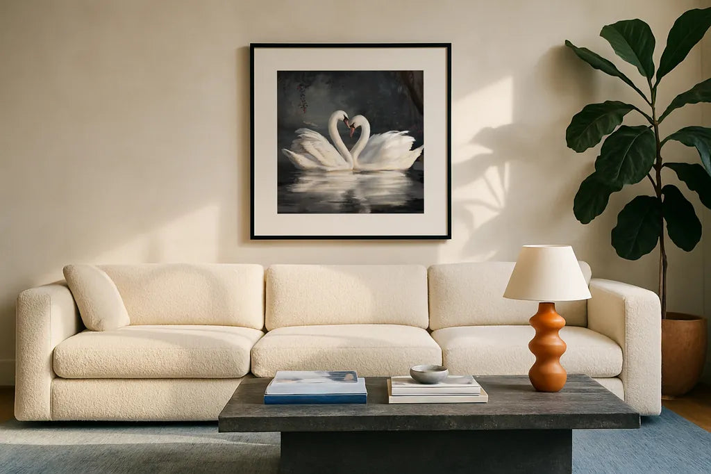 Swan Lake No Flowers by Danhui Nai. Displayed in a glass frame with matte in a clean modern living room. Available as an archival giclee rolled canvas, fine art paper, or poster print. SKU 97125a.