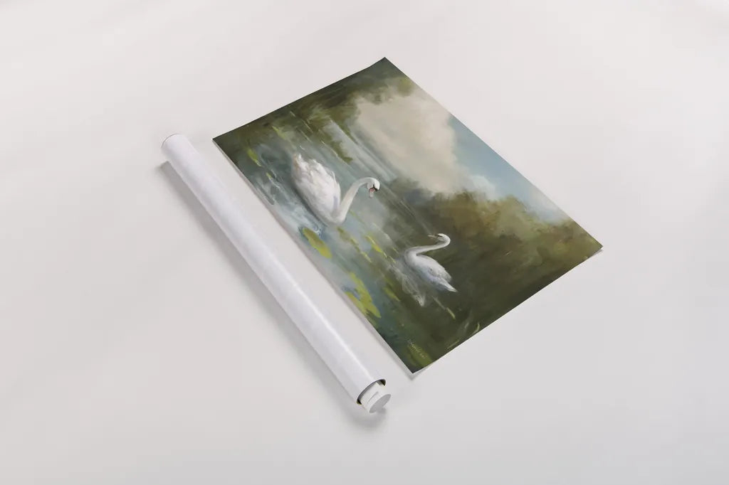 Swans by Danhui Nai. shown as a rolled paper print. Available as archival giclee rolled canvas, fine art paper, or poster print. SKU 100321i.