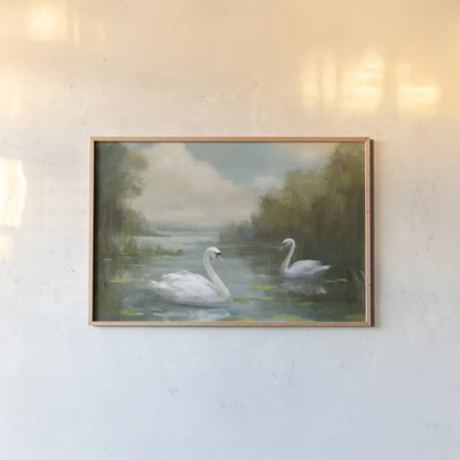 Swans by Danhui Nai. shown as a paper print in a natural frame. Available as a archival giclee rolled canvas, fine art paper, or poster print. SKU 100321i.
