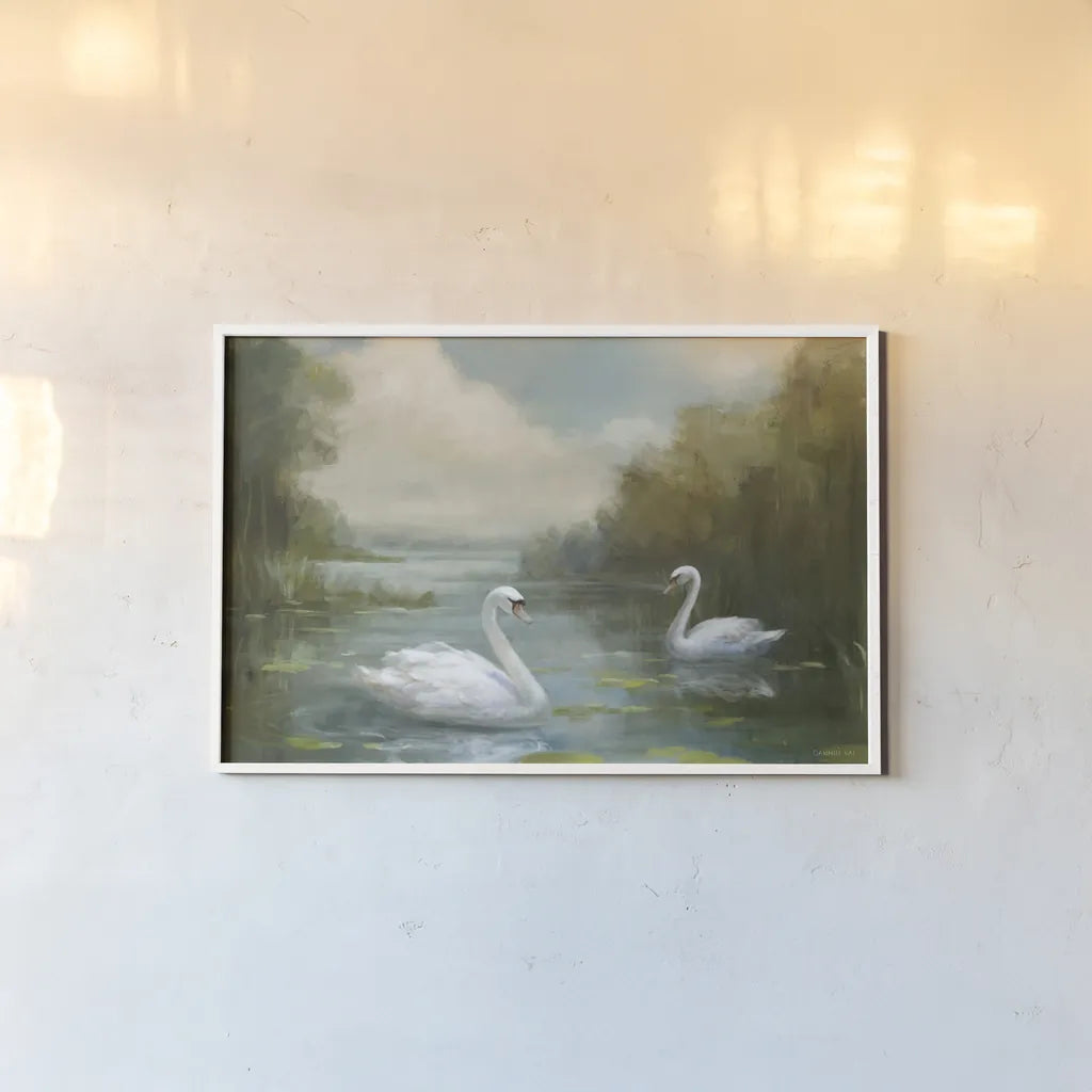 Swans by Danhui Nai. shown as a paper print in a white frame. Available as a archival giclee rolled canvas, fine art paper, or poster print. SKU 100321i.
