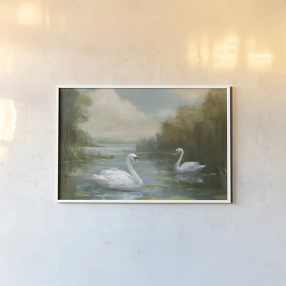 Swans by Danhui Nai. shown as a paper print in a white frame. Available as a archival giclee rolled canvas, fine art paper, or poster print. SKU 100321i.