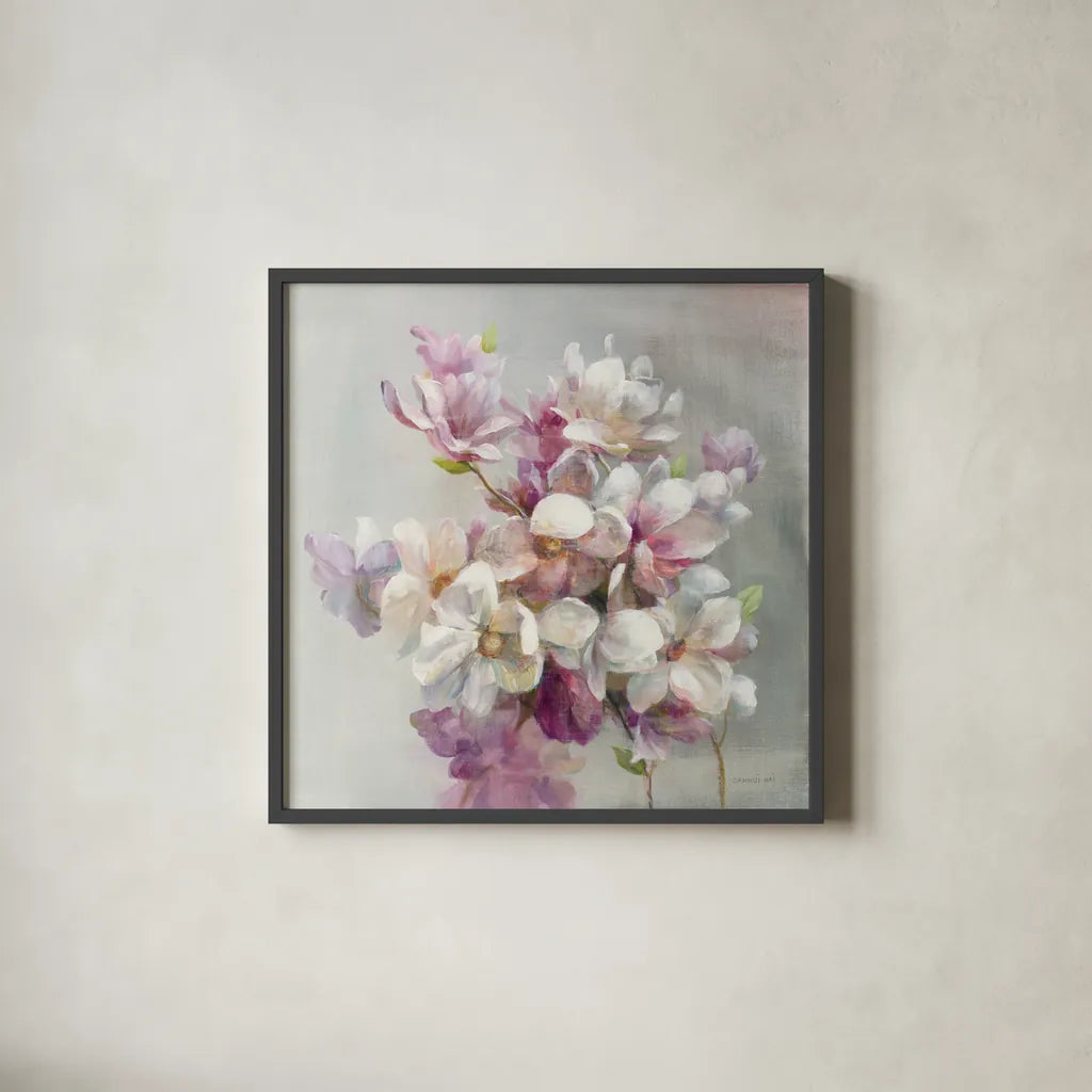 Sweet Magnolia by Danhui Nai. Shown in a sleek black glass frame for a contemporary gallery look. Available as an archival giclee rolled canvas, fine art paper, or poster print. SKU 43026a.