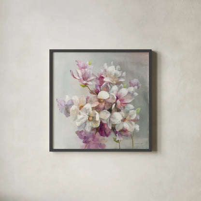 Sweet Magnolia by Danhui Nai. Shown in a sleek black glass frame for a contemporary gallery look. Available as an archival giclee rolled canvas, fine art paper, or poster print. SKU 43026a.