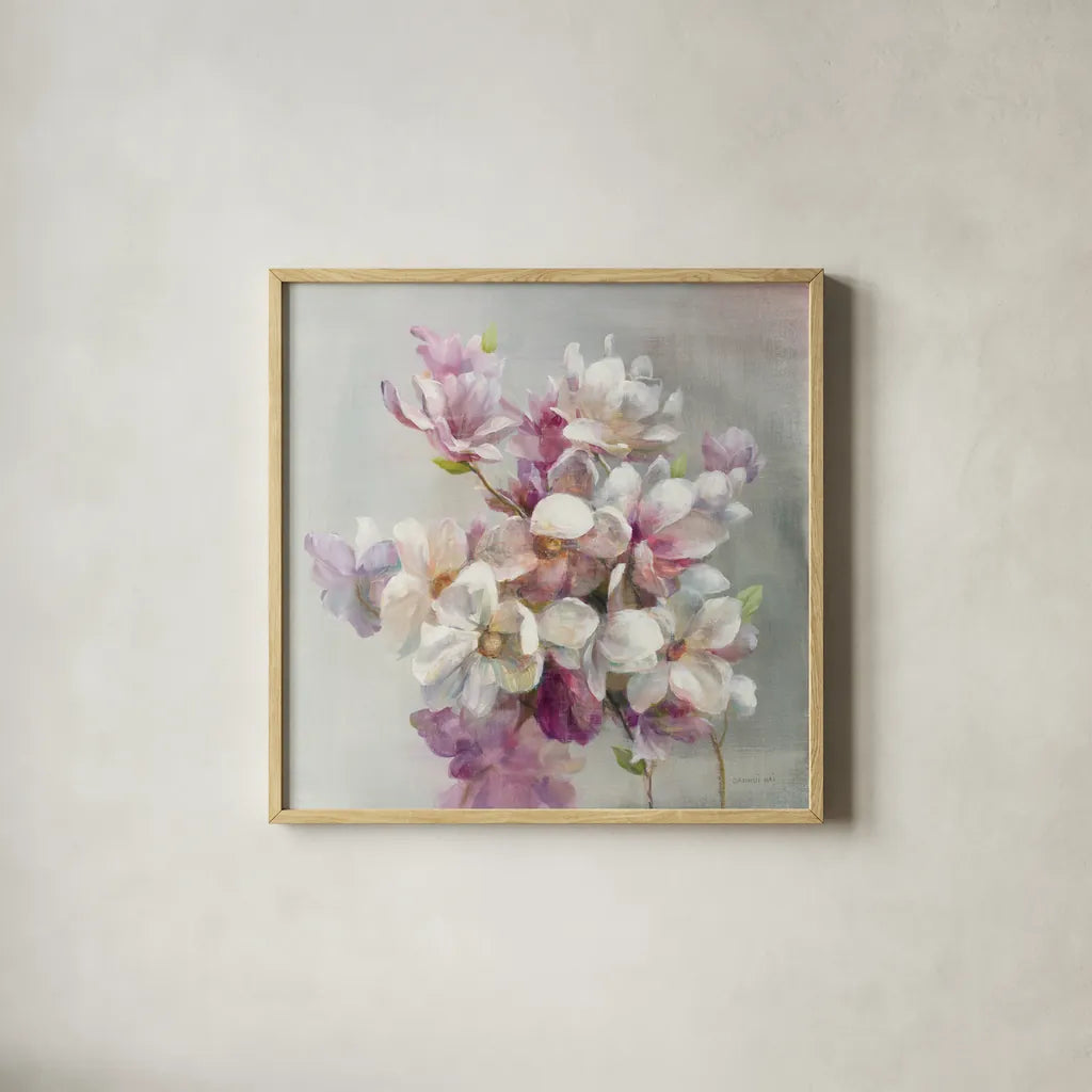 Sweet Magnolia by Danhui Nai. Shown in a natural wood glass frame for a timeless modern aesthetic. Available as an archival giclee rolled canvas, fine art paper, or poster print. SKU 43026a.