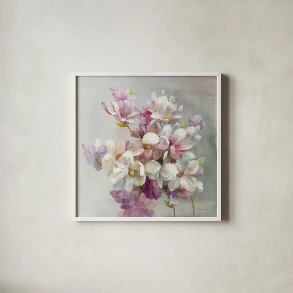 Sweet Magnolia by Danhui Nai. Shown in a crisp white glass frame for a clean and minimalist style. Available as an archival giclee rolled canvas, fine art paper, or poster print. SKU 43026a.