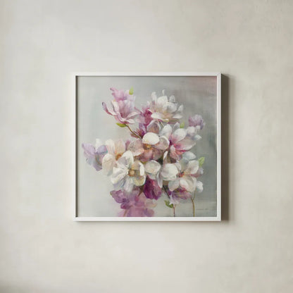 Sweet Magnolia by Danhui Nai. Shown in a crisp white glass frame for a clean and minimalist style. Available as an archival giclee rolled canvas, fine art paper, or poster print. SKU 43026a.