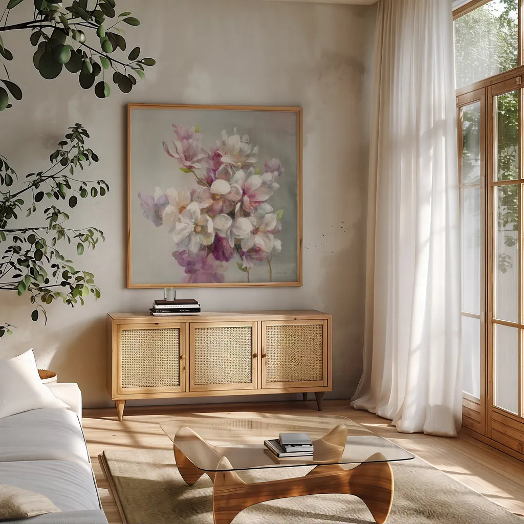 Sweet Magnolia by Danhui Nai. Shown in a natural wood frame in a cozy modern living room. Available as an archival giclee rolled canvas, fine art paper, or poster print. SKU 43026a.