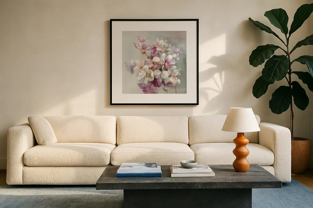 Sweet Magnolia by Danhui Nai. Displayed in a glass frame with matte in a clean modern living room. Available as an archival giclee rolled canvas, fine art paper, or poster print. SKU 43026a.