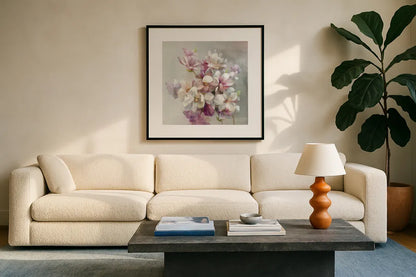 Sweet Magnolia by Danhui Nai. Displayed in a glass frame with matte in a clean modern living room. Available as an archival giclee rolled canvas, fine art paper, or poster print. SKU 43026a.