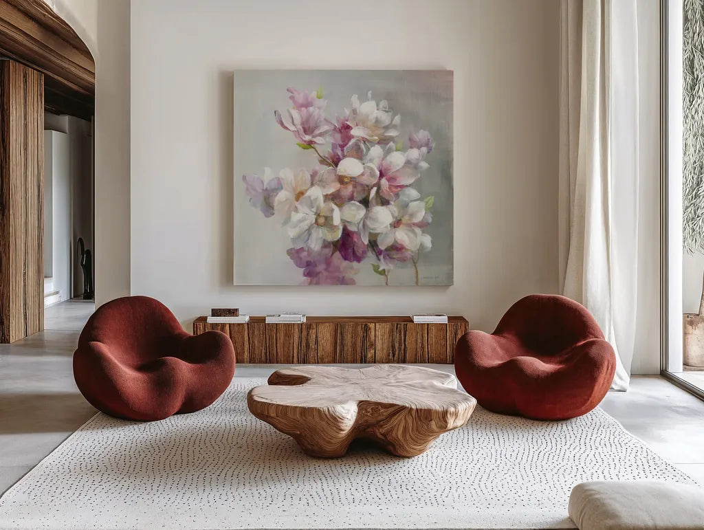 Sweet Magnolia by Danhui Nai. Shown as extra-large giant wall art in a modern living room. Available as an archival giclee rolled canvas, fine art paper, or poster print. SKU 43026a.