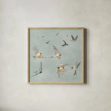 Swifts by Danhui Nai. Shown in a natural wood glass frame for a timeless modern aesthetic. Available as an archival giclee rolled canvas, fine art paper, or poster print. SKU 84101a.