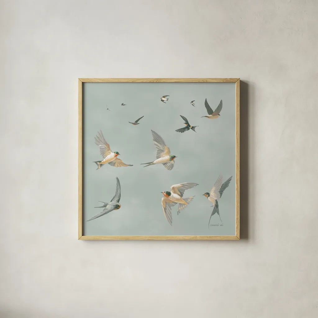 Swifts by Danhui Nai. Shown in a natural wood glass frame for a timeless modern aesthetic. Available as an archival giclee rolled canvas, fine art paper, or poster print. SKU 84101a.