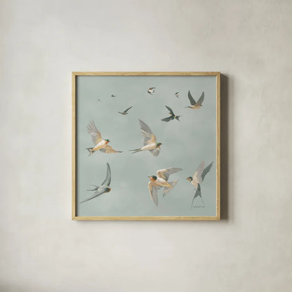 Swifts by Danhui Nai. Shown in a natural wood glass frame for a timeless modern aesthetic. Available as an archival giclee rolled canvas, fine art paper, or poster print. SKU 84101a.
