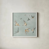 Swifts by Danhui Nai. Shown in a crisp white glass frame for a clean and minimalist style. Available as an archival giclee rolled canvas, fine art paper, or poster print. SKU 84101a.