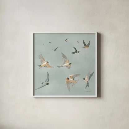 Swifts by Danhui Nai. Shown in a crisp white glass frame for a clean and minimalist style. Available as an archival giclee rolled canvas, fine art paper, or poster print. SKU 84101a.