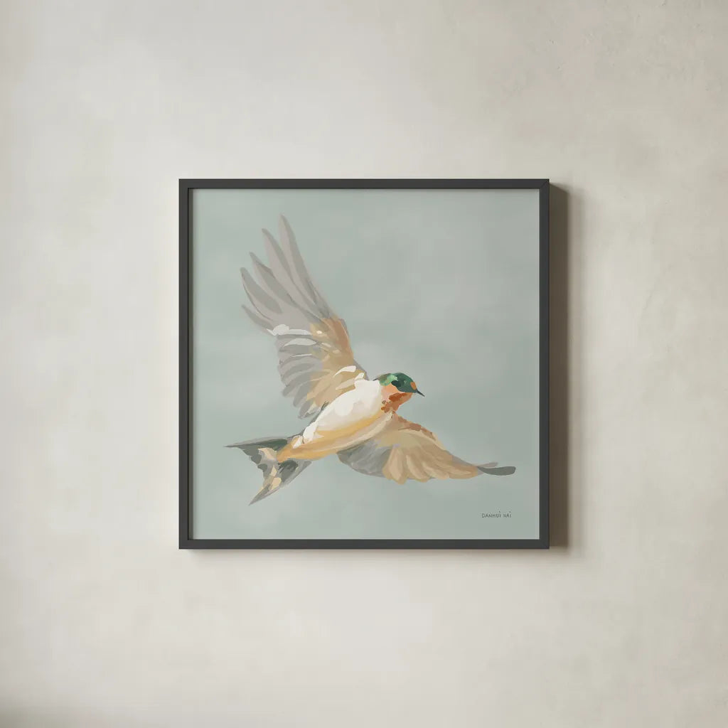 Swifts II by Danhui Nai. Shown in a sleek black glass frame for a contemporary gallery look. Available as an archival giclee rolled canvas, fine art paper, or poster print. SKU 84800a.