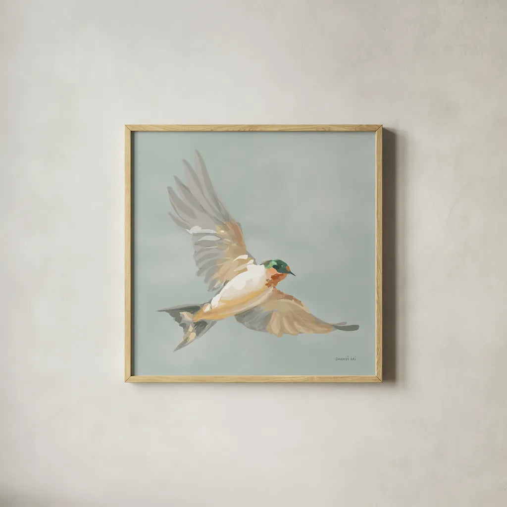Swifts II by Danhui Nai. Shown in a natural wood glass frame for a timeless modern aesthetic. Available as an archival giclee rolled canvas, fine art paper, or poster print. SKU 84800a.