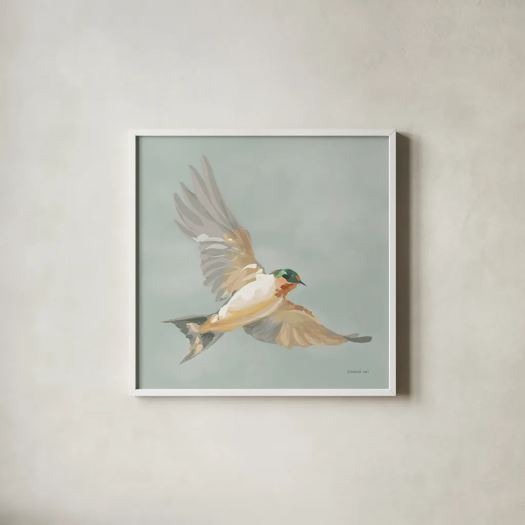 Swifts II by Danhui Nai. Shown in a crisp white glass frame for a clean and minimalist style. Available as an archival giclee rolled canvas, fine art paper, or poster print. SKU 84800a.