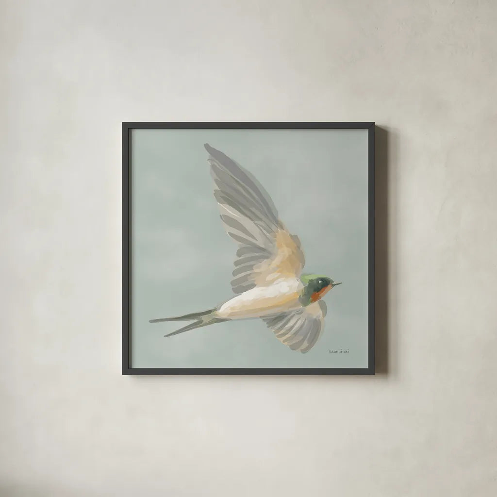 Swifts III by Danhui Nai. Shown in a sleek black glass frame for a contemporary gallery look. Available as an archival giclee rolled canvas, fine art paper, or poster print. SKU 84801a.