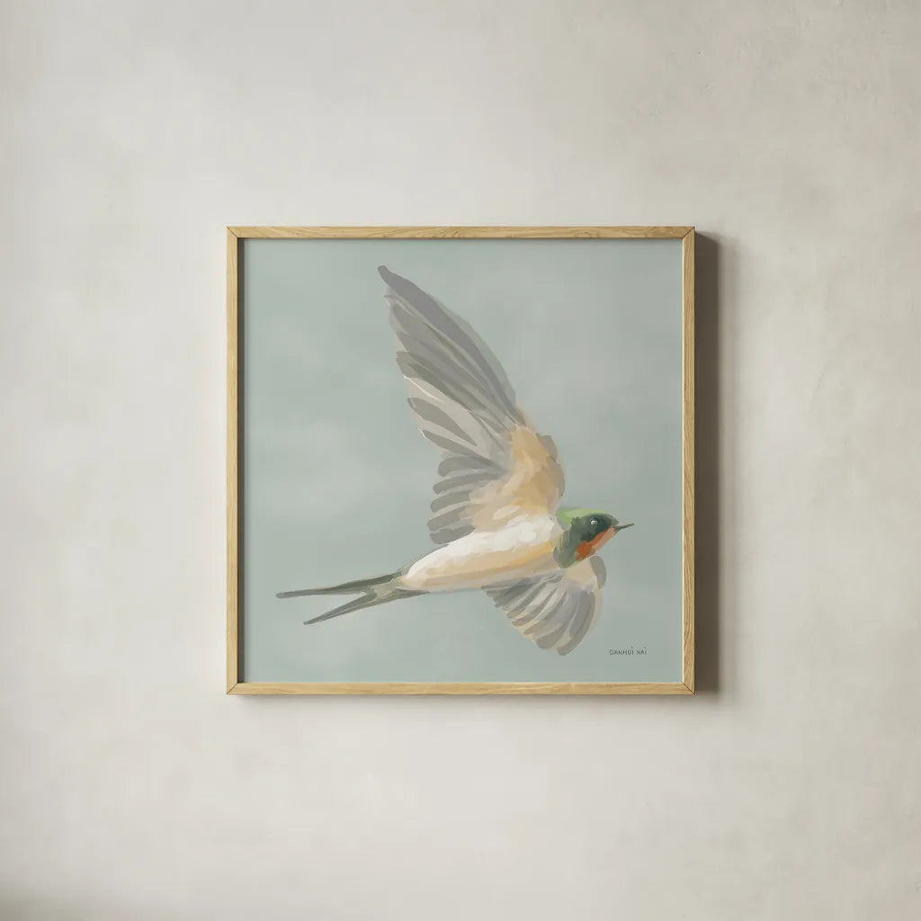 Swifts III by Danhui Nai. Shown in a natural wood glass frame for a timeless modern aesthetic. Available as an archival giclee rolled canvas, fine art paper, or poster print. SKU 84801a.
