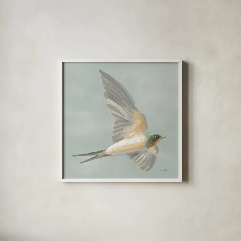 Swifts III by Danhui Nai. Shown in a crisp white glass frame for a clean and minimalist style. Available as an archival giclee rolled canvas, fine art paper, or poster print. SKU 84801a.