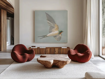 Swifts III by Danhui Nai. Shown as extra-large giant wall art in a modern living room. Available as an archival giclee rolled canvas, fine art paper, or poster print. SKU 84801a.
