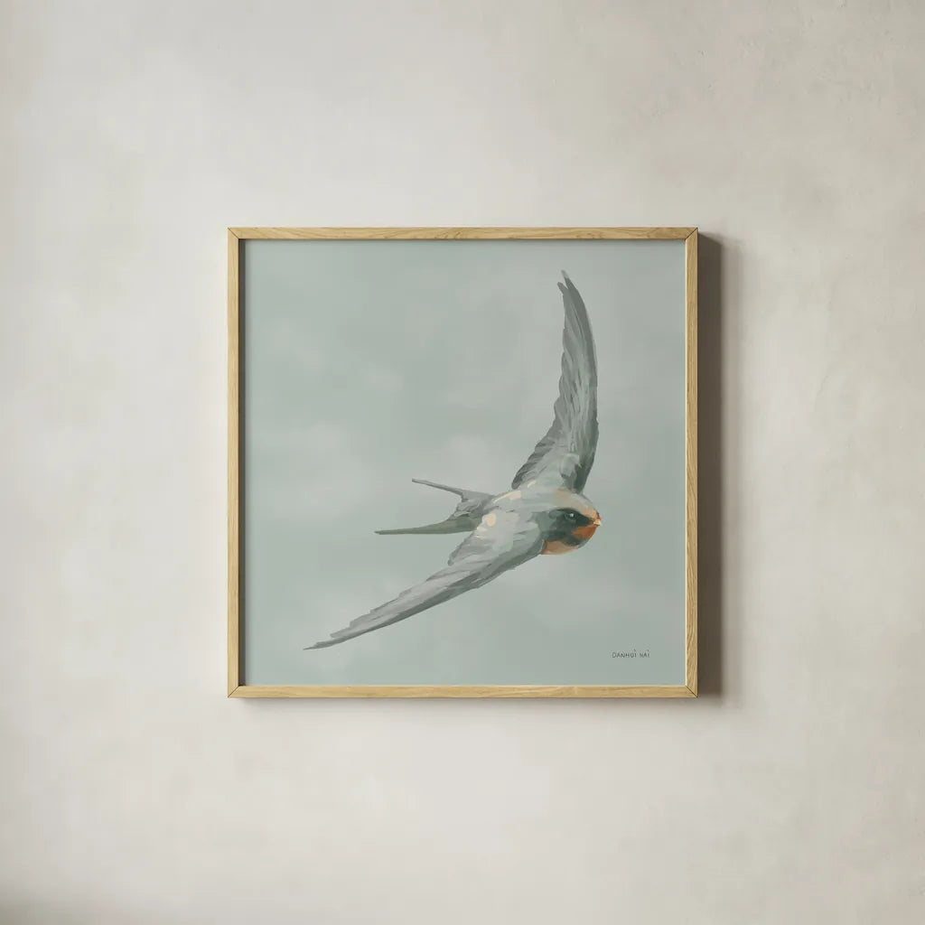 Swifts IV by Danhui Nai. Shown in a natural wood glass frame for a timeless modern aesthetic. Available as an archival giclee rolled canvas, fine art paper, or poster print. SKU 84802a.