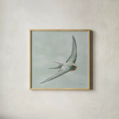 Swifts IV by Danhui Nai. Shown in a natural wood glass frame for a timeless modern aesthetic. Available as an archival giclee rolled canvas, fine art paper, or poster print. SKU 84802a.