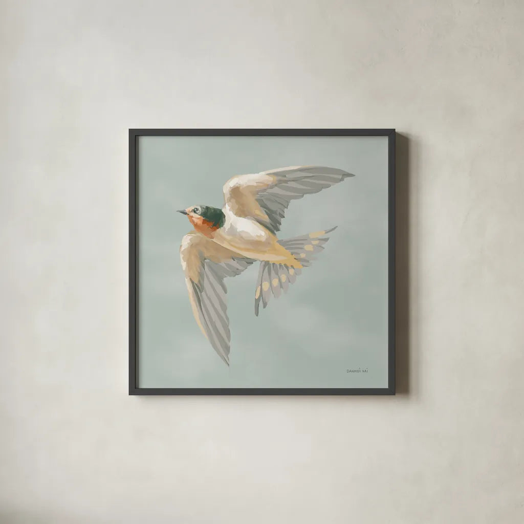 Swifts V by Danhui Nai. Shown in a sleek black glass frame for a contemporary gallery look. Available as an archival giclee rolled canvas, fine art paper, or poster print. SKU 84803a.