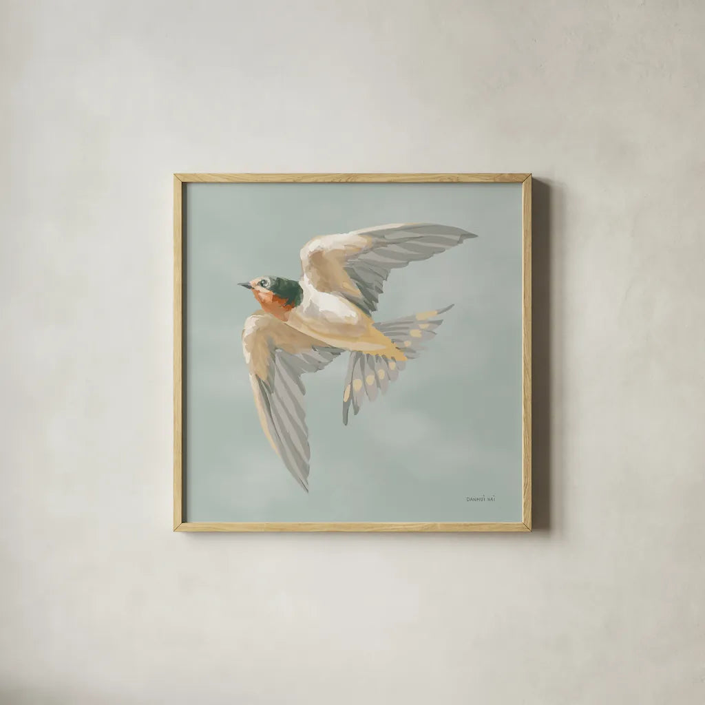 Swifts V by Danhui Nai. Shown in a natural wood glass frame for a timeless modern aesthetic. Available as an archival giclee rolled canvas, fine art paper, or poster print. SKU 84803a.
