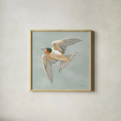 Swifts V by Danhui Nai. Shown in a natural wood glass frame for a timeless modern aesthetic. Available as an archival giclee rolled canvas, fine art paper, or poster print. SKU 84803a.