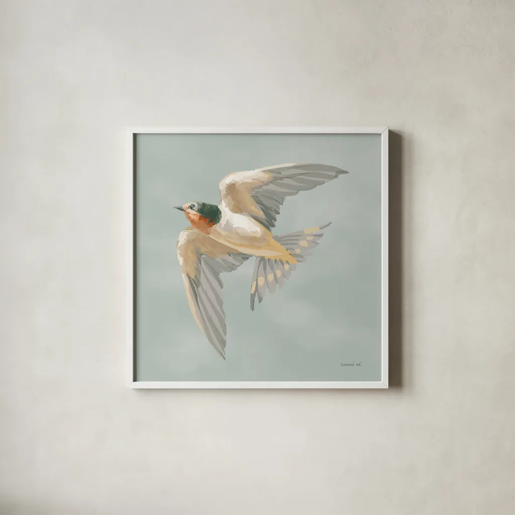 Swifts V by Danhui Nai. Shown in a crisp white glass frame for a clean and minimalist style. Available as an archival giclee rolled canvas, fine art paper, or poster print. SKU 84803a.