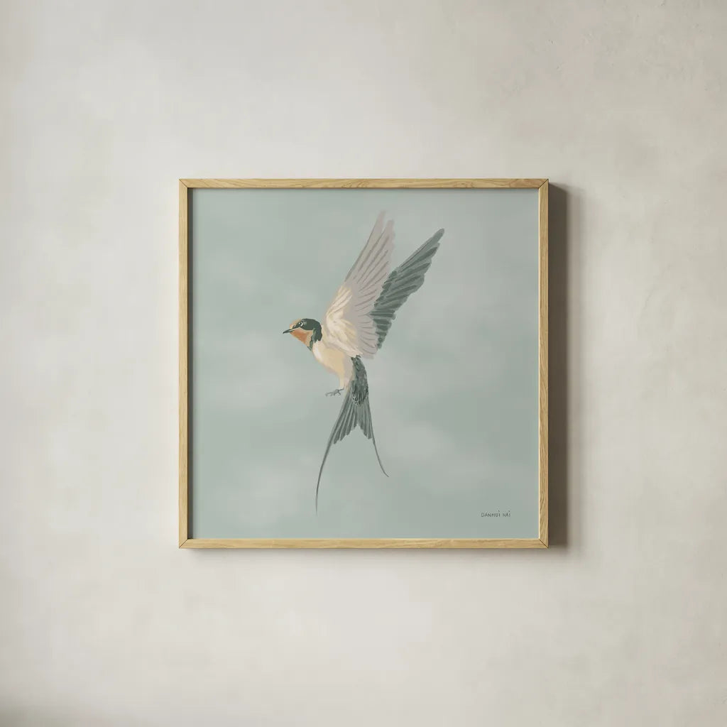 Swifts VI by Danhui Nai. Shown in a natural wood glass frame for a timeless modern aesthetic. Available as an archival giclee rolled canvas, fine art paper, or poster print. SKU 84804a.