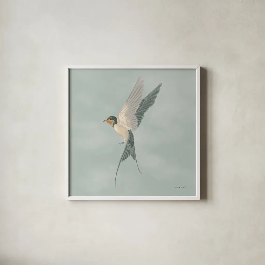 Swifts VI by Danhui Nai. Shown in a crisp white glass frame for a clean and minimalist style. Available as an archival giclee rolled canvas, fine art paper, or poster print. SKU 84804a.