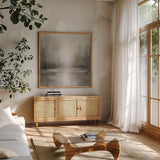 Taupe Horizon by Danhui Nai. Shown in a natural wood frame in a cozy modern living room. Available as an archival giclee rolled canvas, fine art paper, or poster print. SKU 102368a.