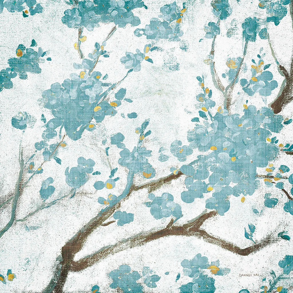 Teal Cherry Blossoms I on Cream Aged no Bird by Danhui Nai. SKU 31634a. Archival Giclee Fine art print for wall decor.