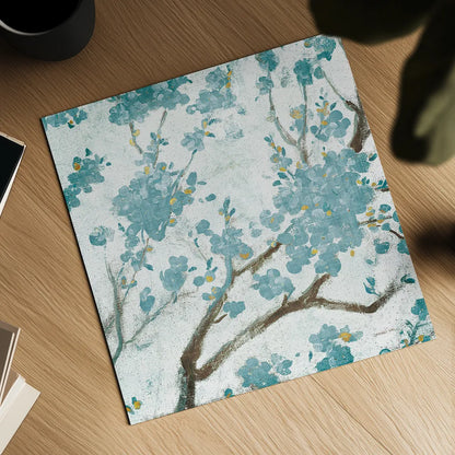 Teal Cherry Blossoms I on Cream Aged no Bird by Danhui Nai. Shown as a detailed flat fine art print, highlighting archival giclee quality. Available as an archival giclee rolled canvas, fine art paper, or poster print. SKU 31634a.