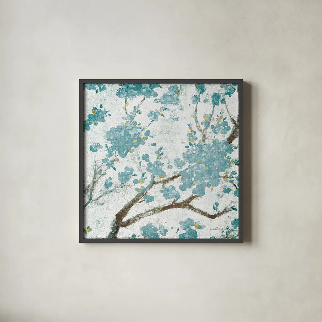 Teal Cherry Blossoms I on Cream Aged no Bird by Danhui Nai. Shown in a sleek black glass frame for a contemporary gallery look. Available as an archival giclee rolled canvas, fine art paper, or poster print. SKU 31634a.