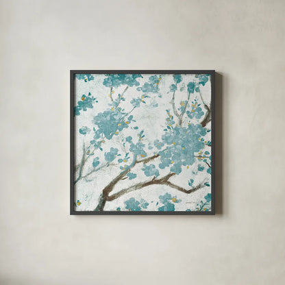 Teal Cherry Blossoms I on Cream Aged no Bird by Danhui Nai. Shown in a sleek black glass frame for a contemporary gallery look. Available as an archival giclee rolled canvas, fine art paper, or poster print. SKU 31634a.