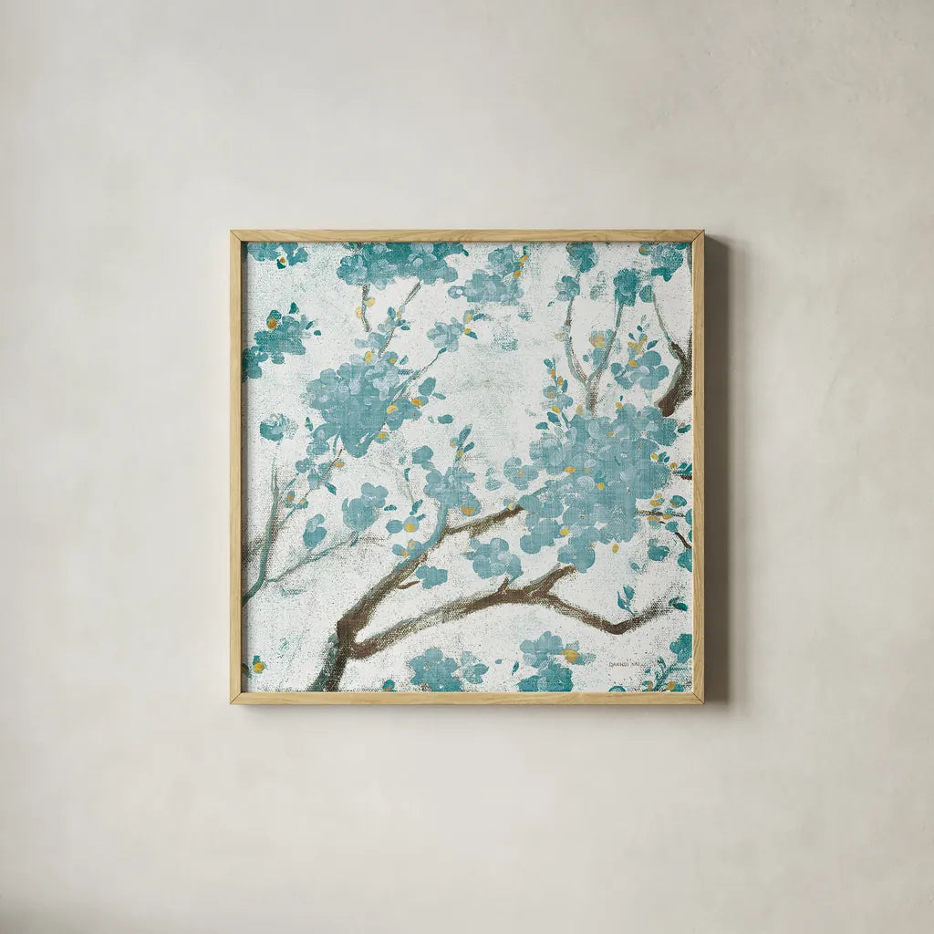 Teal Cherry Blossoms I on Cream Aged no Bird by Danhui Nai. Shown in a natural wood glass frame for a timeless modern aesthetic. Available as an archival giclee rolled canvas, fine art paper, or poster print. SKU 31634a.