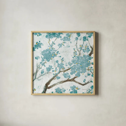 Teal Cherry Blossoms I on Cream Aged no Bird by Danhui Nai. Shown in a natural wood glass frame for a timeless modern aesthetic. Available as an archival giclee rolled canvas, fine art paper, or poster print. SKU 31634a.