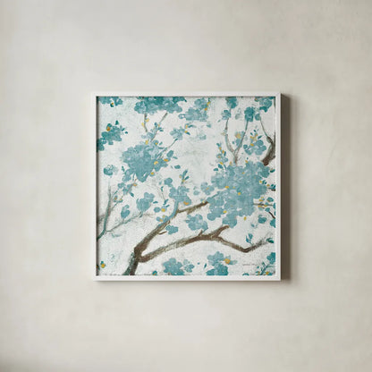 Teal Cherry Blossoms I on Cream Aged no Bird by Danhui Nai. Shown in a crisp white glass frame for a clean and minimalist style. Available as an archival giclee rolled canvas, fine art paper, or poster print. SKU 31634a.