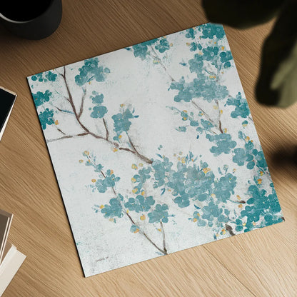 Teal Cherry Blossoms II on Cream Aged no Bird by Danhui Nai. Shown as a detailed flat fine art print, highlighting archival giclee quality. Available as an archival giclee rolled canvas, fine art paper, or poster print. SKU 31635a.