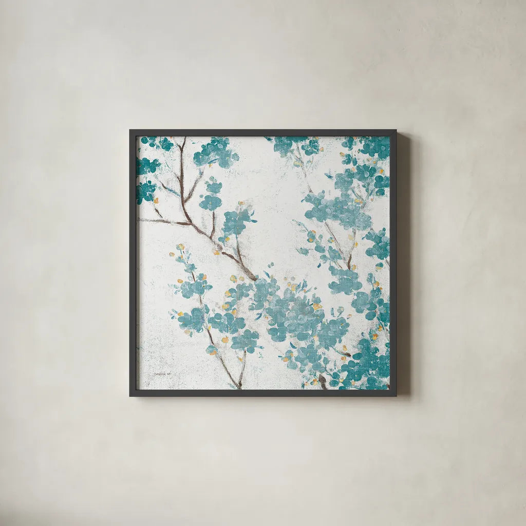 Teal Cherry Blossoms II on Cream Aged no Bird by Danhui Nai. Shown in a sleek black glass frame for a contemporary gallery look. Available as an archival giclee rolled canvas, fine art paper, or poster print. SKU 31635a.